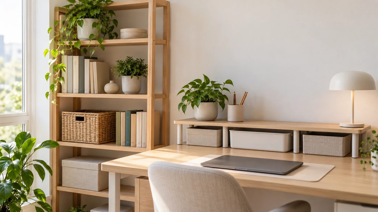 AI-generated illustration: a freestanding bookcase and a desktop riser shelf in a small home office.