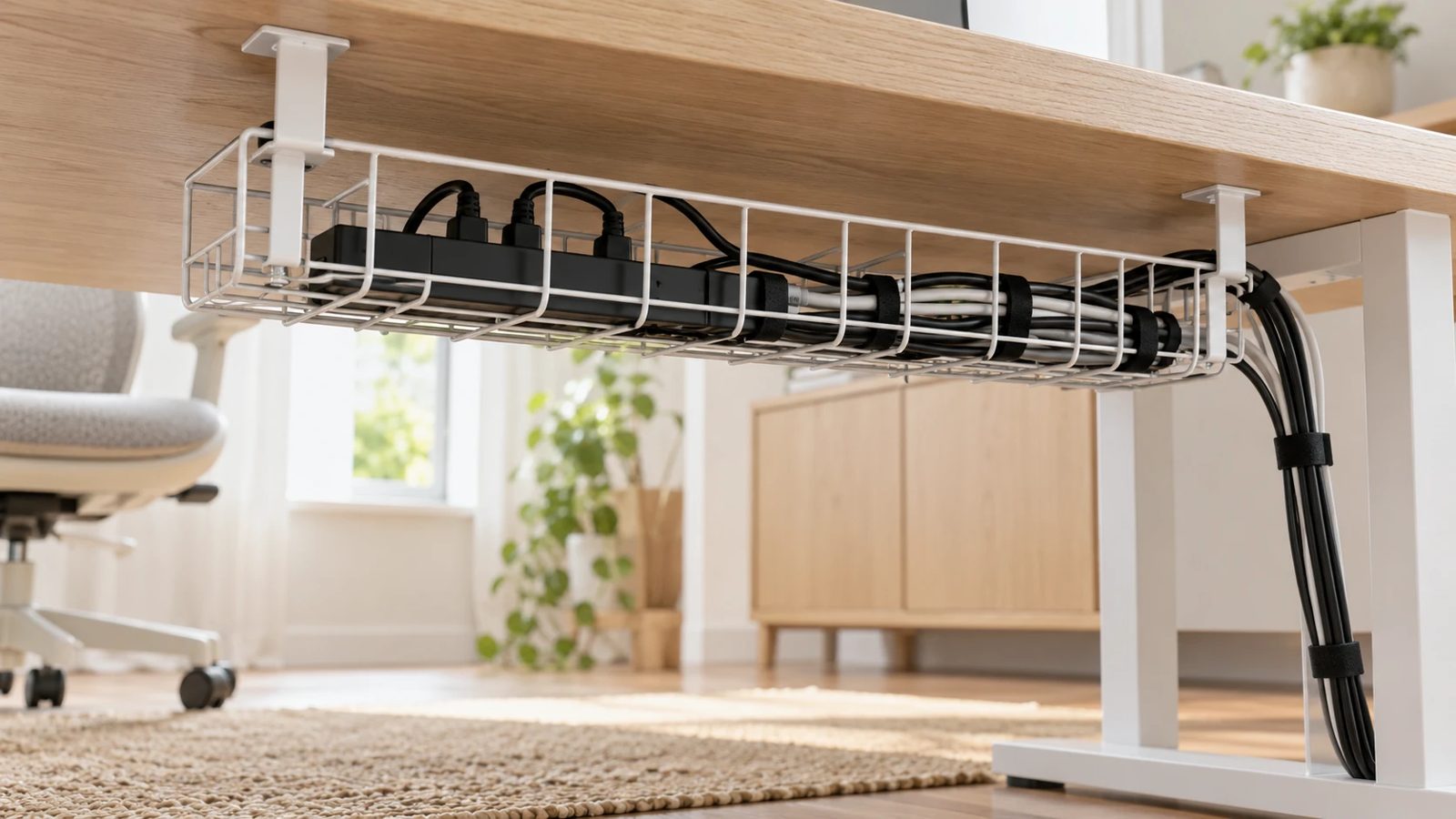 AI-generated illustration: a wire cable tray under a desk holding a power strip and bundled cables.